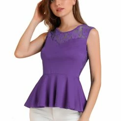 Women Allegra K Round Neck Lace-Paneled Sleeveless Peplum Top 50 Women Allegra K Round Neck Lace-Paneled Sleeveless Peplum Top