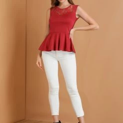 Women Allegra K Round Neck Lace-Paneled Sleeveless Peplum Top 46 Women Allegra K Round Neck Lace-Paneled Sleeveless Peplum Top