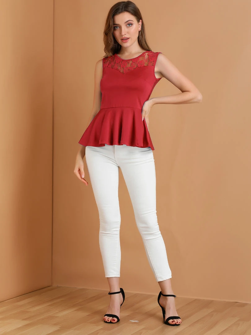 Women Allegra K Round Neck Lace-Paneled Sleeveless Peplum Top 11 Women Allegra K Round Neck Lace-Paneled Sleeveless Peplum Top