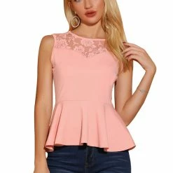 Women Allegra K Round Neck Lace-Paneled Sleeveless Peplum Top 72 Women Allegra K Round Neck Lace-Paneled Sleeveless Peplum Top