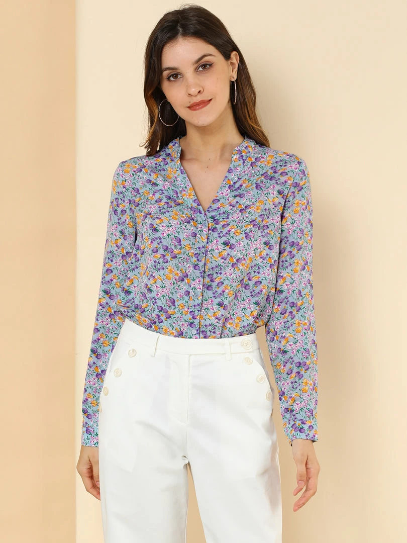 Allegra K Button Down Stand Collar V Neck Long Sleeve Floral Blouse Women 17 Allegra K Button Down Stand Collar V Neck Long Sleeve Floral Blouse Women