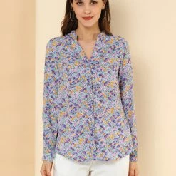 Allegra K Button Down Stand Collar V Neck Long Sleeve Floral Blouse Women 66 Allegra K Button Down Stand Collar V Neck Long Sleeve Floral Blouse Women