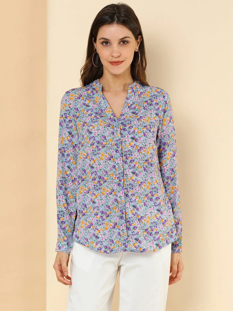 Allegra K Button Down Stand Collar V Neck Long Sleeve Floral Blouse Women 18 Allegra K Button Down Stand Collar V Neck Long Sleeve Floral Blouse Women