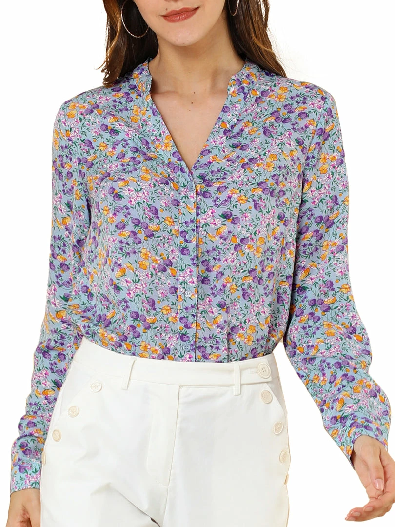 Allegra K Button Down Stand Collar V Neck Long Sleeve Floral Blouse Women 16 Allegra K Button Down Stand Collar V Neck Long Sleeve Floral Blouse Women