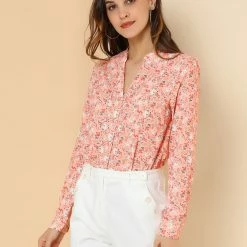 Allegra K Button Down Stand Collar V Neck Long Sleeve Floral Blouse Women 59 Allegra K Button Down Stand Collar V Neck Long Sleeve Floral Blouse Women