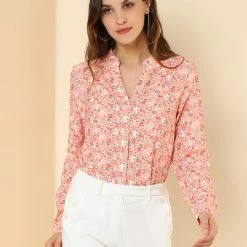 Allegra K Button Down Stand Collar V Neck Long Sleeve Floral Blouse Women 60 Allegra K Button Down Stand Collar V Neck Long Sleeve Floral Blouse Women