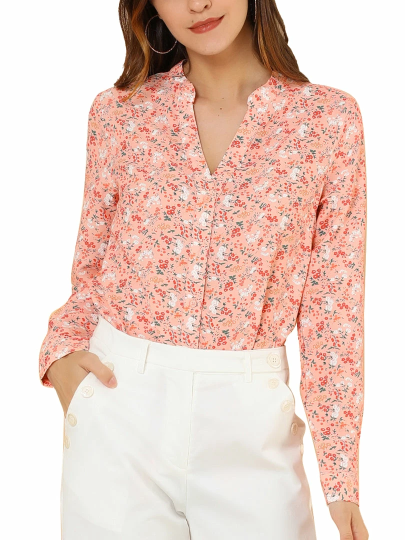 Allegra K Button Down Stand Collar V Neck Long Sleeve Floral Blouse Women 10 Allegra K Button Down Stand Collar V Neck Long Sleeve Floral Blouse Women