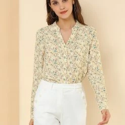 Allegra K Button Down Stand Collar V Neck Long Sleeve Floral Blouse Women 53 Allegra K Button Down Stand Collar V Neck Long Sleeve Floral Blouse Women