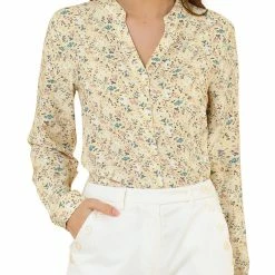 Allegra K Button Down Stand Collar V Neck Long Sleeve Floral Blouse Women