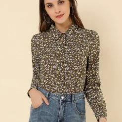 Allegra K Long Sleeve Button Down Ditsy Floral Shirt Women