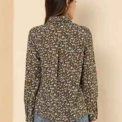 Allegra K Long Sleeve Button Down Ditsy Floral Shirt Women