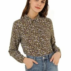 Allegra K Long Sleeve Button Down Ditsy Floral Shirt Women