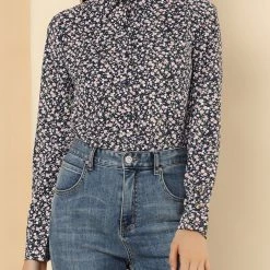Allegra K Long Sleeve Button Down Ditsy Floral Shirt Women