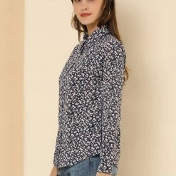 Allegra K Long Sleeve Button Down Ditsy Floral Shirt Women