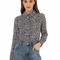Allegra K Long Sleeve Button Down Ditsy Floral Shirt Women