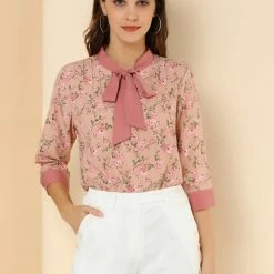 Allegra K Women's Bow Tie Neck Contrast Trim 3/4 Sleeve Floral Blouse Tops