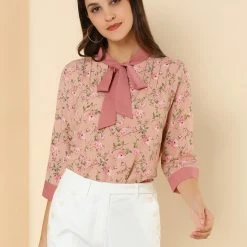 Allegra K Women's Bow Tie Neck Contrast Trim 3/4 Sleeve Floral Blouse Tops