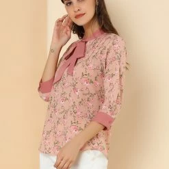 Allegra K Women's Bow Tie Neck Contrast Trim 3/4 Sleeve Floral Blouse Tops