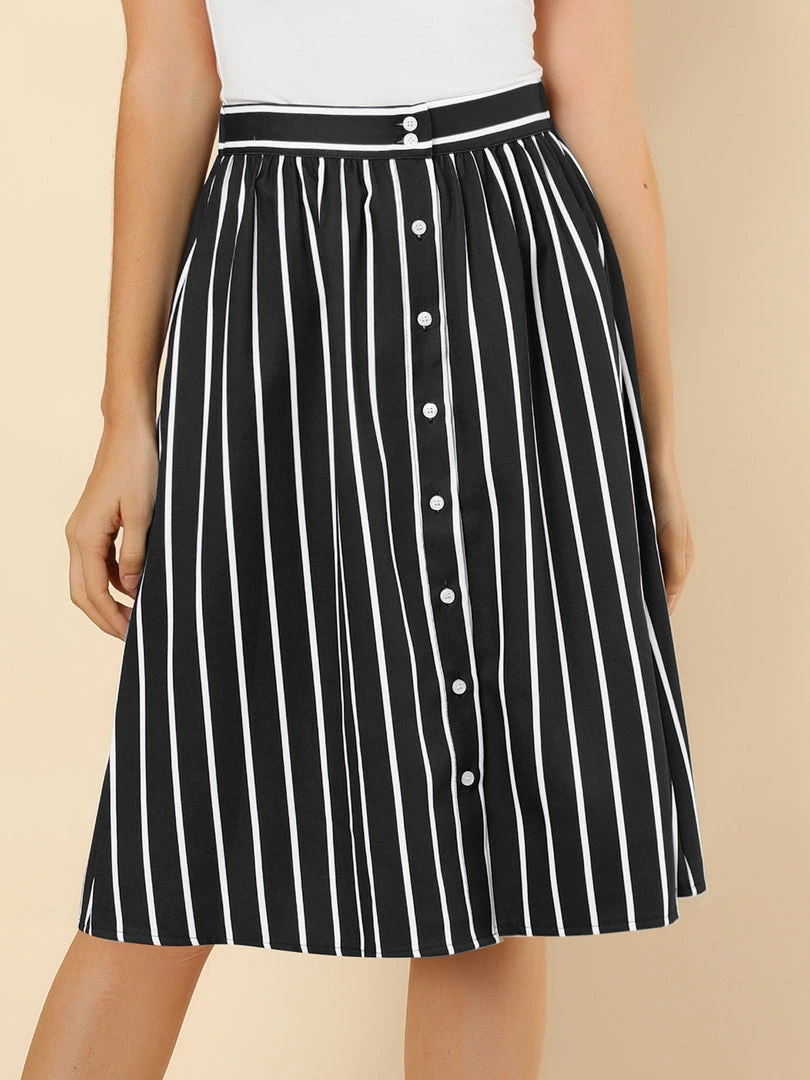 Allegra K Women's Stripes Button Front Elastic Back A Line Midi Skirt 22 Allegra K Women's Stripes Button Front Elastic Back A Line Midi Skirt