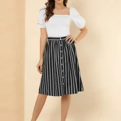 Allegra K Women's Stripes Button Front Elastic Back A Line Midi Skirt 84 Allegra K Women's Stripes Button Front Elastic Back A Line Midi Skirt