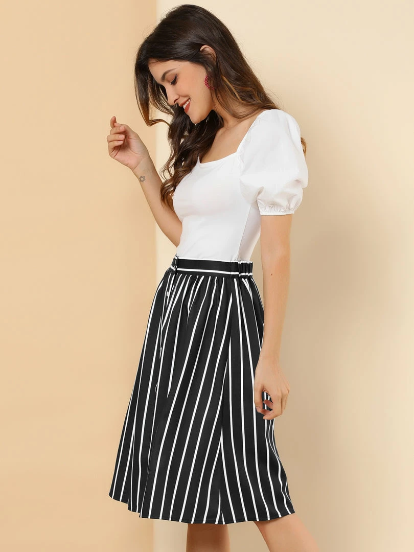 Allegra K Women's Stripes Button Front Elastic Back A Line Midi Skirt 24 Allegra K Women's Stripes Button Front Elastic Back A Line Midi Skirt