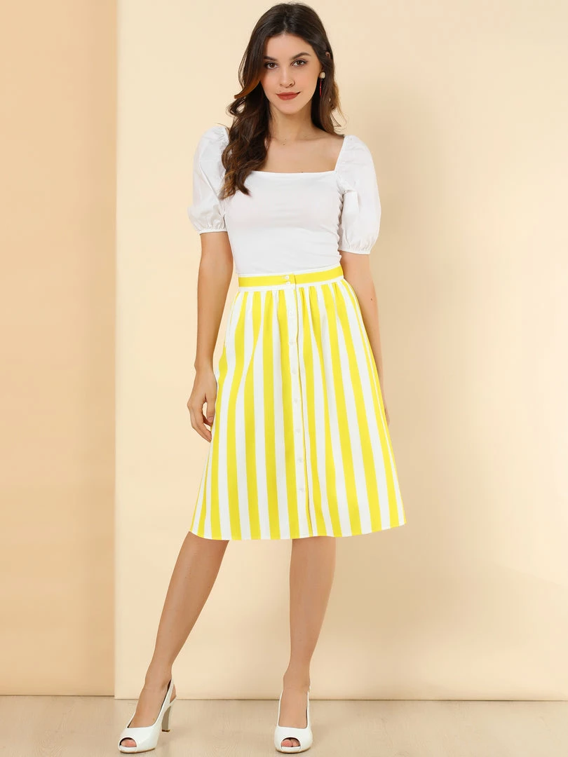 Allegra K Women's Stripes Button Front Elastic Back A Line Midi Skirt 11 Allegra K Women's Stripes Button Front Elastic Back A Line Midi Skirt