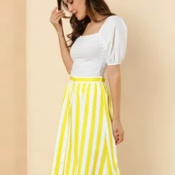 Allegra K Women's Stripes Button Front Elastic Back A Line Midi Skirt 73 Allegra K Women's Stripes Button Front Elastic Back A Line Midi Skirt