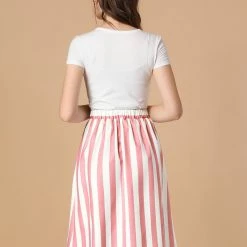 Allegra K Women's Stripes Button Front Elastic Back A Line Midi Skirt 68 Allegra K Women's Stripes Button Front Elastic Back A Line Midi Skirt