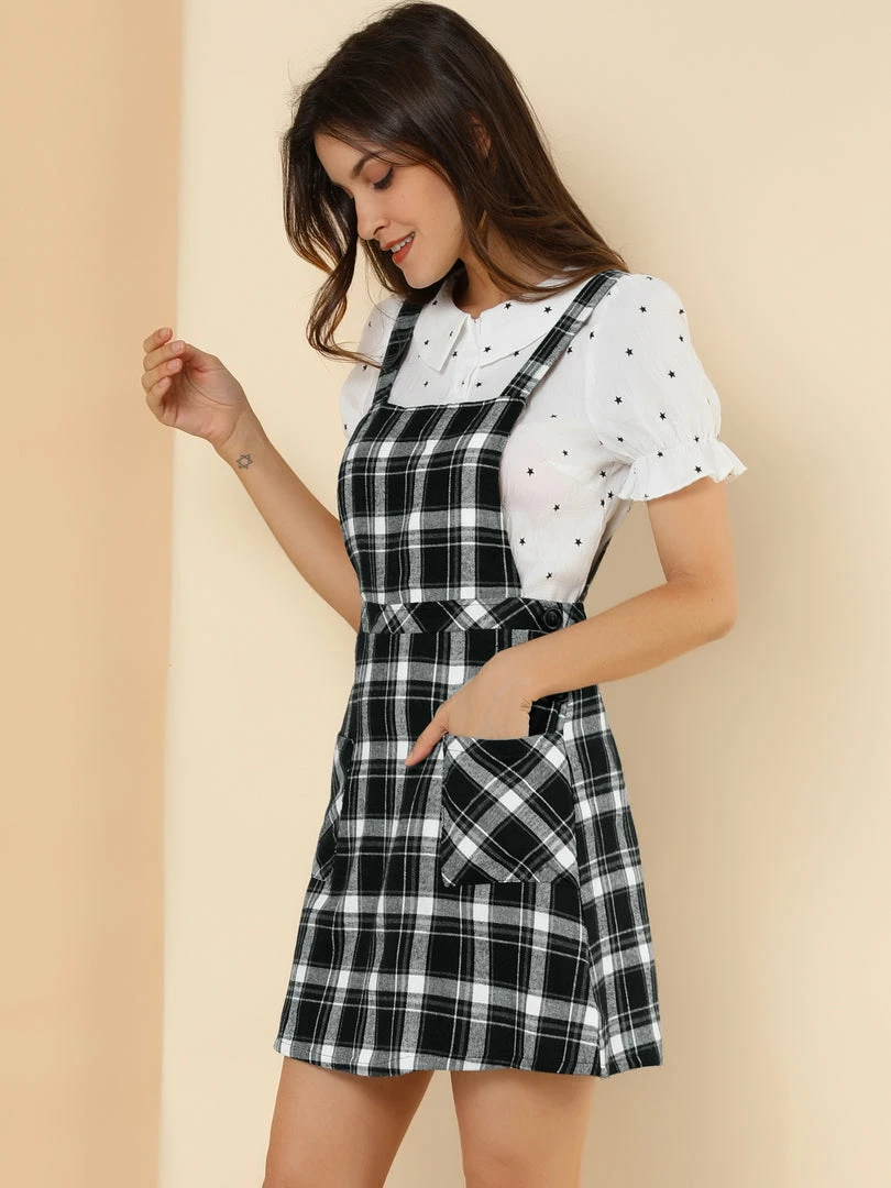 Allegra K Women's Plaid Tartan Button Decor A-Line Pinafore Overall Dress 11 Allegra K Women's Plaid Tartan Button Decor A-Line Pinafore Overall Dress