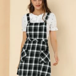 Allegra K Women's Plaid Tartan Button Decor A-Line Pinafore Overall Dress 51 Allegra K Women's Plaid Tartan Button Decor A-Line Pinafore Overall Dress