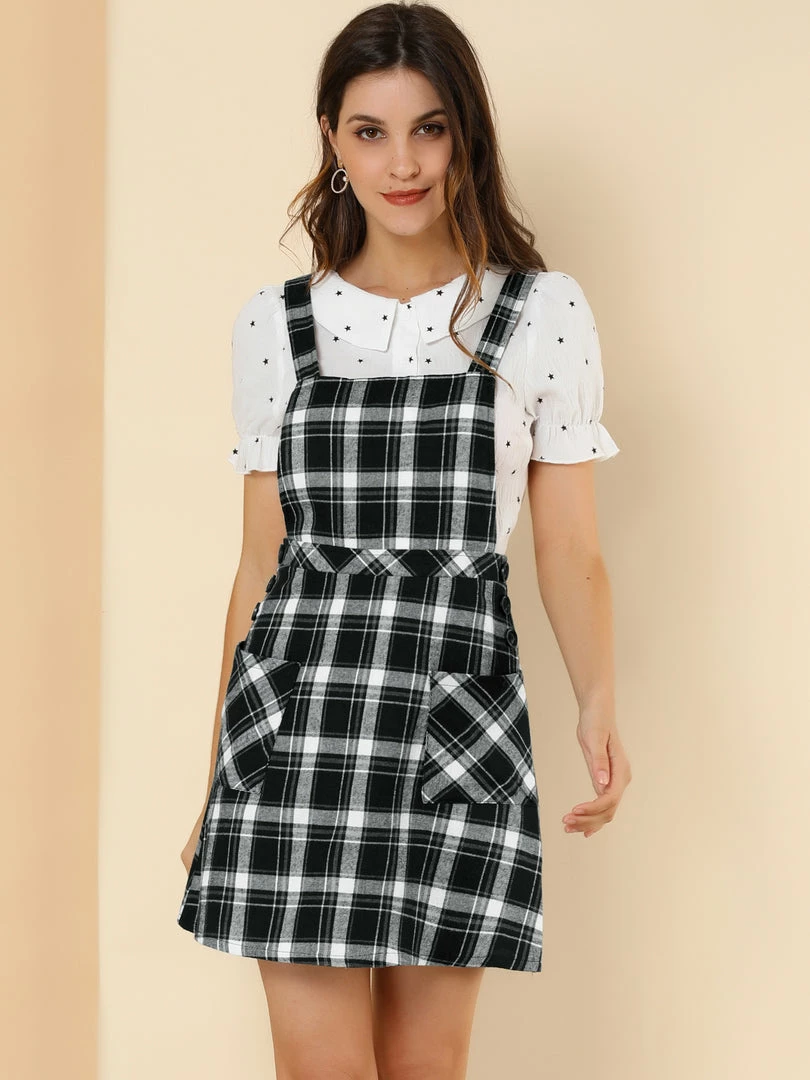 Allegra K Women's Plaid Tartan Button Decor A-Line Pinafore Overall Dress 13 Allegra K Women's Plaid Tartan Button Decor A-Line Pinafore Overall Dress