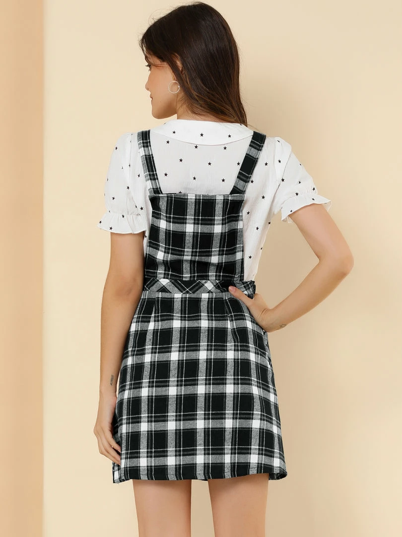 Allegra K Women's Plaid Tartan Button Decor A-Line Pinafore Overall Dress 14 Allegra K Women's Plaid Tartan Button Decor A-Line Pinafore Overall Dress