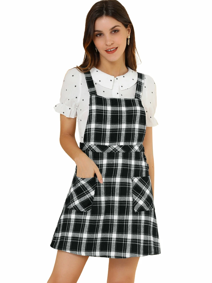 Allegra K Women's Plaid Tartan Button Decor A-Line Pinafore Overall Dress 10 Allegra K Women's Plaid Tartan Button Decor A-Line Pinafore Overall Dress