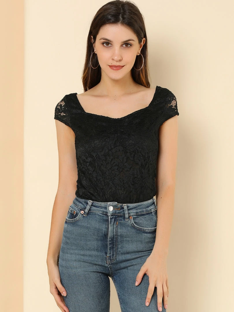 Allegra K Women's Lace Top Cap Sleeve Sweetheart Neck Ruched Front Vintage Blouse 11 Allegra K Women's Lace Top Cap Sleeve Sweetheart Neck Ruched Front Vintage Blouse