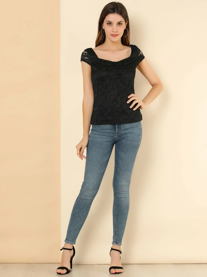 Allegra K Women's Lace Top Cap Sleeve Sweetheart Neck Ruched Front Vintage Blouse 12 Allegra K Women's Lace Top Cap Sleeve Sweetheart Neck Ruched Front Vintage Blouse