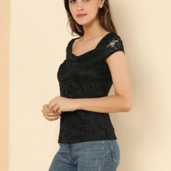 Allegra K Women's Lace Top Cap Sleeve Sweetheart Neck Ruched Front Vintage Blouse 37 Allegra K Women's Lace Top Cap Sleeve Sweetheart Neck Ruched Front Vintage Blouse