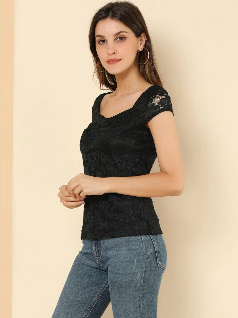 Allegra K Women's Lace Top Cap Sleeve Sweetheart Neck Ruched Front Vintage Blouse 13 Allegra K Women's Lace Top Cap Sleeve Sweetheart Neck Ruched Front Vintage Blouse