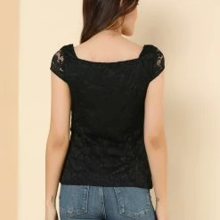 Allegra K Women's Lace Top Cap Sleeve Sweetheart Neck Ruched Front Vintage Blouse 38 Allegra K Women's Lace Top Cap Sleeve Sweetheart Neck Ruched Front Vintage Blouse