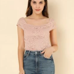 Allegra K Women's Lace Top Cap Sleeve Sweetheart Neck Ruched Front Vintage Blouse 30 Allegra K Women's Lace Top Cap Sleeve Sweetheart Neck Ruched Front Vintage Blouse