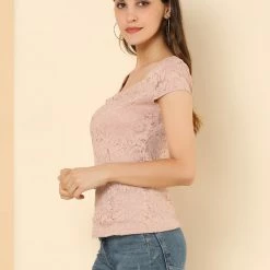 Allegra K Women's Lace Top Cap Sleeve Sweetheart Neck Ruched Front Vintage Blouse 31 Allegra K Women's Lace Top Cap Sleeve Sweetheart Neck Ruched Front Vintage Blouse