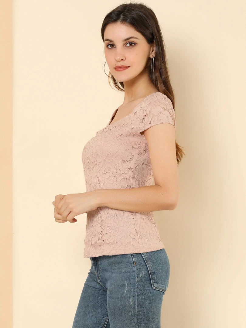 Allegra K Women's Lace Top Cap Sleeve Sweetheart Neck Ruched Front Vintage Blouse 7 Allegra K Women's Lace Top Cap Sleeve Sweetheart Neck Ruched Front Vintage Blouse