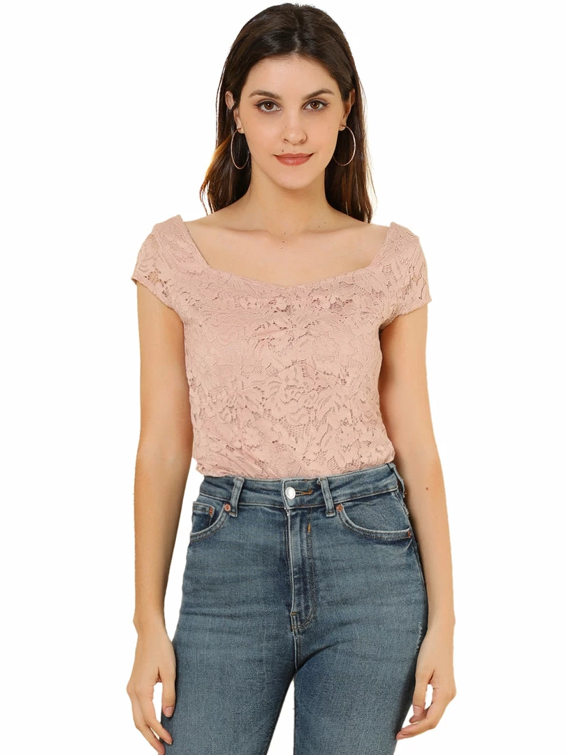 Allegra K Women's Lace Top Cap Sleeve Sweetheart Neck Ruched Front Vintage Blouse 4 Allegra K Women's Lace Top Cap Sleeve Sweetheart Neck Ruched Front Vintage Blouse