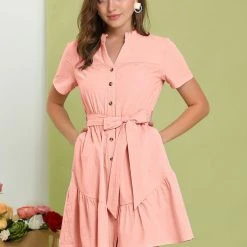 Allegra K Women's Cotton Button Down Shirt Dress Ruffle Collar Neck Belted Hem Short Sleeve Casual Above Knee Shirtdress