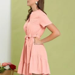 Allegra K Women's Cotton Button Down Shirt Dress Ruffle Collar Neck Belted Hem Short Sleeve Casual Above Knee Shirtdress