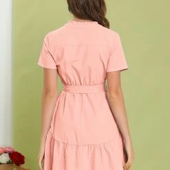 Allegra K Women's Cotton Button Down Shirt Dress Ruffle Collar Neck Belted Hem Short Sleeve Casual Above Knee Shirtdress