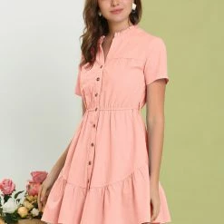 Allegra K Women's Cotton Button Down Shirt Dress Ruffle Collar Neck Belted Hem Short Sleeve Casual Above Knee Shirtdress