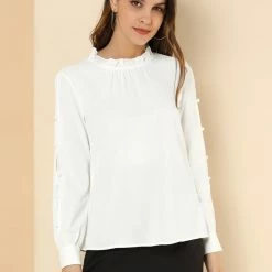 Allegra K Women's Work Ruffle Trim Mock Neck Button Decor Solid Blouse Shirt 70 Allegra K Women's Work Ruffle Trim Mock Neck Button Decor Solid Blouse Shirt