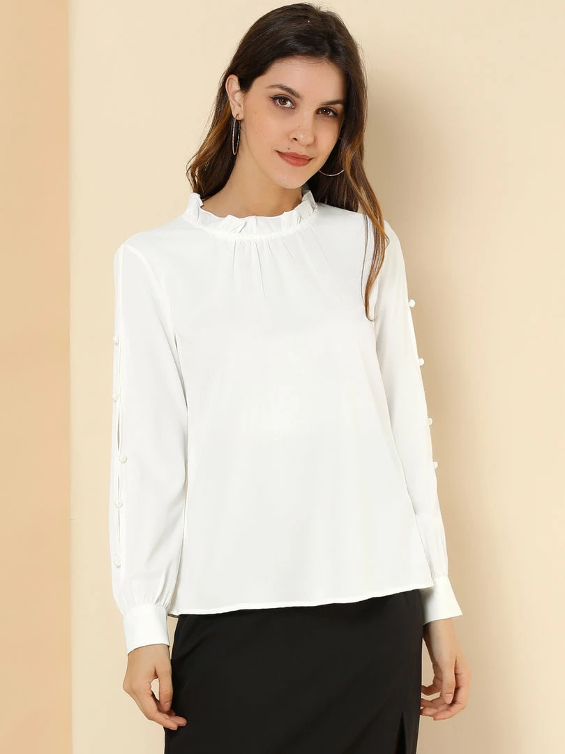 Allegra K Women's Work Ruffle Trim Mock Neck Button Decor Solid Blouse Shirt 35 Allegra K Women's Work Ruffle Trim Mock Neck Button Decor Solid Blouse Shirt