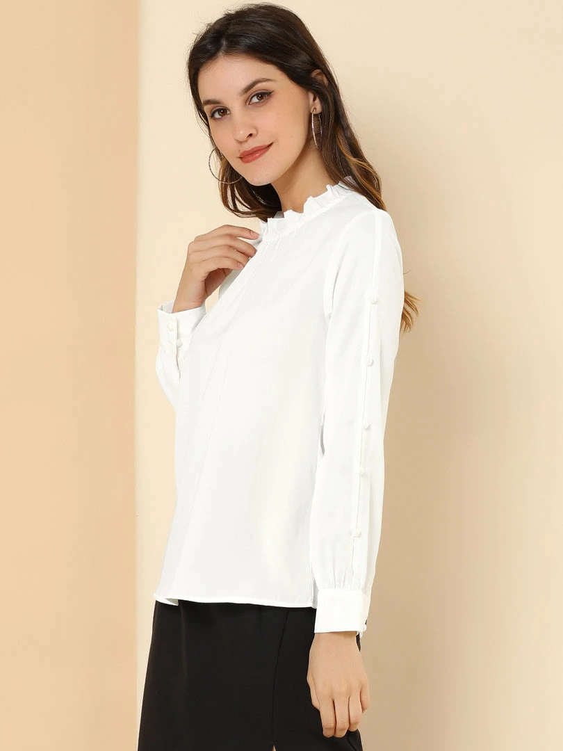 Allegra K Women's Work Ruffle Trim Mock Neck Button Decor Solid Blouse Shirt 36 Allegra K Women's Work Ruffle Trim Mock Neck Button Decor Solid Blouse Shirt