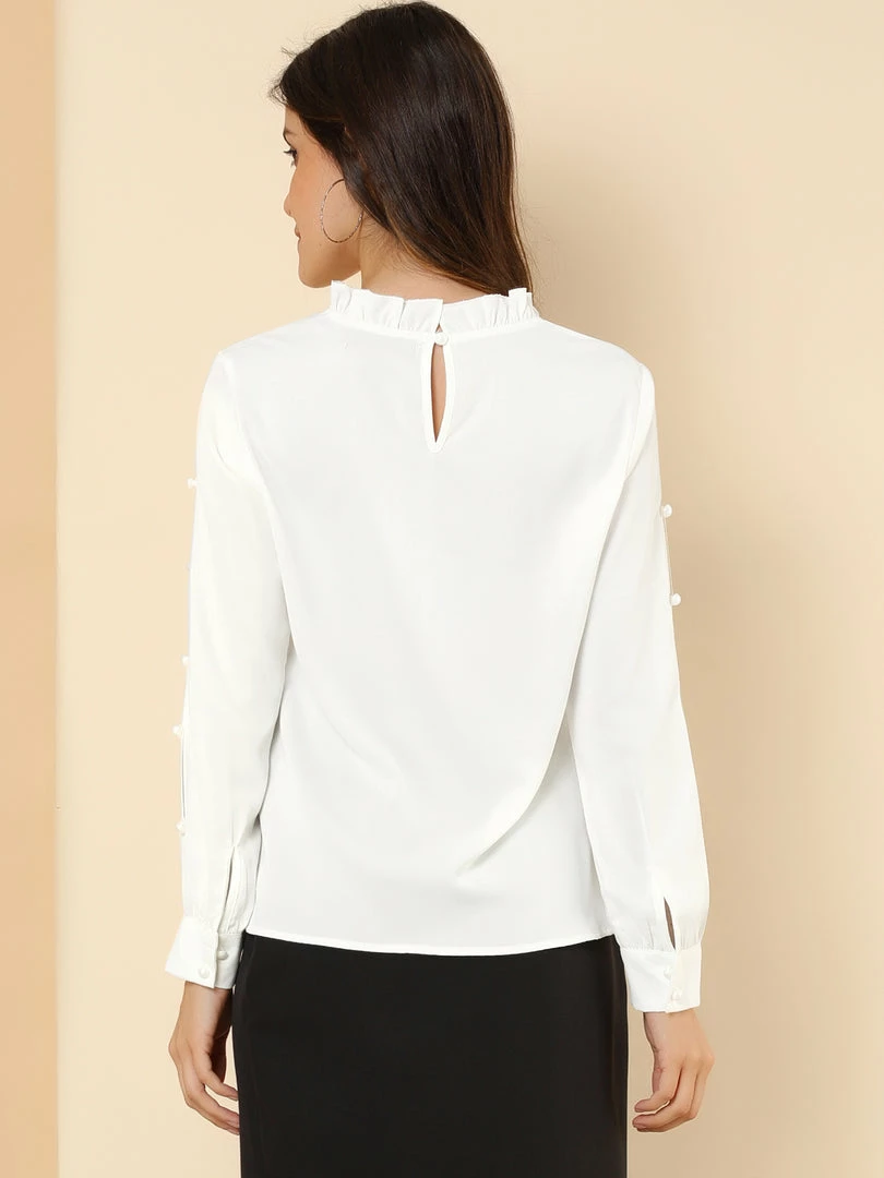 Allegra K Women's Work Ruffle Trim Mock Neck Button Decor Solid Blouse Shirt 37 Allegra K Women's Work Ruffle Trim Mock Neck Button Decor Solid Blouse Shirt